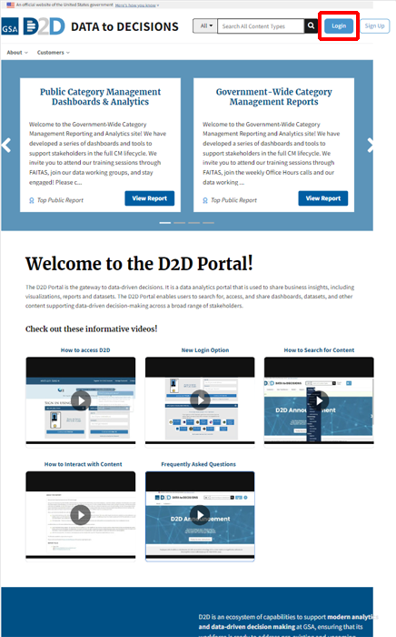 D2D public landing page with outlined Login button