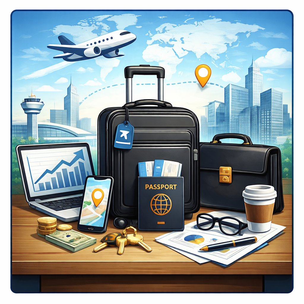 Square business travel icon with suitcase, laptop, passport, and airplane.