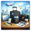 Square business travel icon with suitcase, laptop, passport, and airplane.
